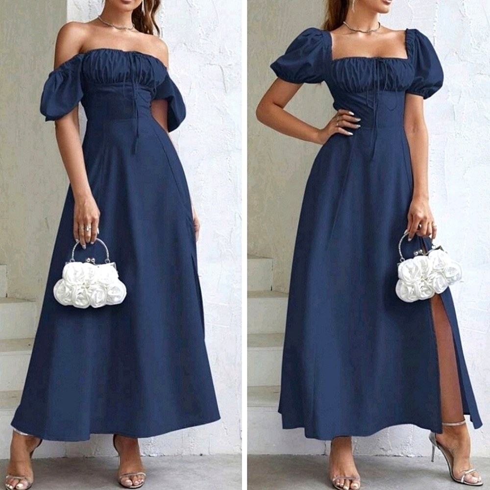 New Vintage Look Tie Ruched Top Split Maxi Dress Navy Blue